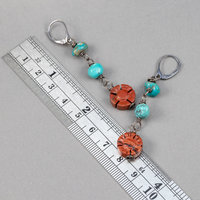 Turquoise Pebbles and Carved Red Jasper Flower Earrings, Jasper and Turquoise Dangle Earrings Handmade