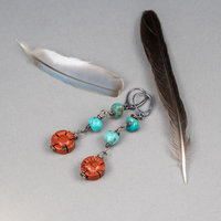 Turquoise Pebbles and Carved Red Jasper Flower Earrings, Jasper and Turquoise Dangle Earrings Handmade
