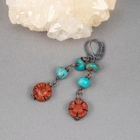 Turquoise Pebbles and Carved Red Jasper Flower Earrings, Jasper and Turquoise Dangle Earrings Handmade