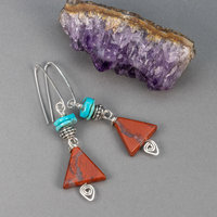 Red Jasper and Turquoise Earrings in Sterling Silver, Triangle Dangle Earrings