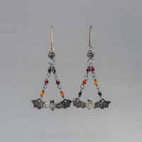 Blackened Silver Flying Bat Earrings Red Orange Black Gemstone Chain