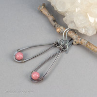 Pink Stone Wire Wrapped Teardrop Earrings in Oxidized Sterling Silver