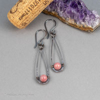 Pink Stone Wire Wrapped Teardrop Earrings in Oxidized Sterling Silver