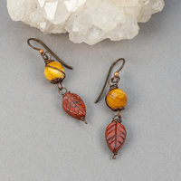 Dainty Jasper Leaf Earrings, Earthy Red and Yellow Stone Earrings Nickel Free