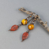Dainty Jasper Leaf Earrings, Earthy Red and Yellow Stone Earrings Nickel Free