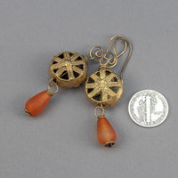Rustic Brass Dangle Earrings with African Brass Beads and Agate Stone Drops