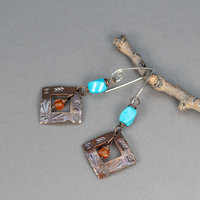 Handcrafted Copper Dangle Earrings with Nacozari Turquoise, and Carnelian Gemstones