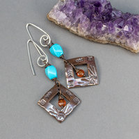 Handcrafted Copper Dangle Earrings with Nacozari Turquoise, and Carnelian Gemstones