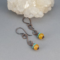 Yellow Aventurine Earrings in Copper, Golden Yellow Stone Small Dangle Earrings