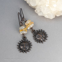 Cheerful Sun Face Earrings with Citrine and Topaz Natural Stones