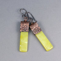 Vibrant Yellow Green Earrings, Natural Serpentine Stone Slab Earrings