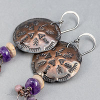 Western Style Textured Copper Mandala Earrings with Jasper and Amethyst Natural Stones