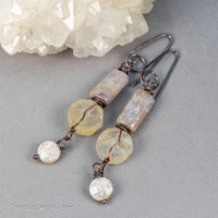 Pale Yellow Stone Earrings, Raw Citrine Earrings in Darkened Copper