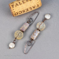Pale Yellow Stone Earrings, Raw Citrine Earrings in Darkened Copper