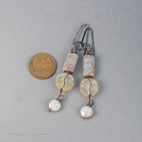 Pale Yellow Stone Earrings, Raw Citrine Earrings in Darkened Copper