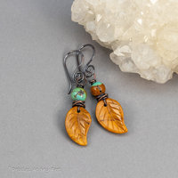 Autumn Earrings, Carved Yellow Jasper Leaf Earrings with Turquoise