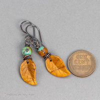 Autumn Earrings, Carved Yellow Jasper Leaf Earrings with Turquoise