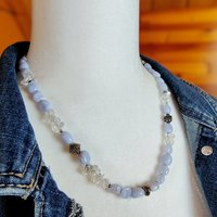 Natural Stone Beaded Necklace with Rock Crystal, Blue Lace Agate, and Sterling Silver