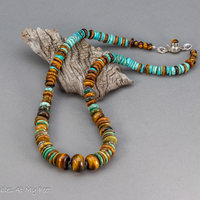 Chunky Beaded Necklace with Genuine Turquoise and Tiger Eye Gemstones