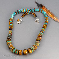 Chunky Beaded Necklace with Genuine Turquoise and Tiger Eye Gemstones