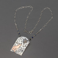 Mixed Metals and Natural Stone Necklace, "Howl" Necklace with Coyote in a Mountain Scene