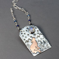 Mixed Metals and Natural Stone Necklace, "Howl" Necklace with Coyote in a Mountain Scene