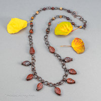 Handcrafted Copper Link Necklace with Poppy Jasper Leaf Shaped Stones