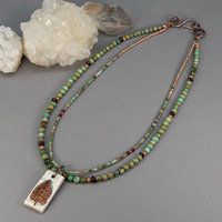 Green Turquoise Beaded Necklace with  Porcelain Tree Pendant