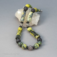 Chunky Bead Necklace, Bright Green and Black Stone Necklace with Silver Accents