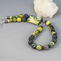 Chunky Bead Necklace, Bright Green and Black Stone Necklace with Silver Accents