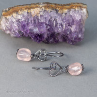 Rustic Heart Earrings with Rose Quartz Pebbles