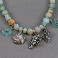 Seashore Theme Charm Necklace, Amazonite and Roman Glass
