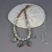 Seashore Theme Charm Necklace, Amazonite and Roman Glass