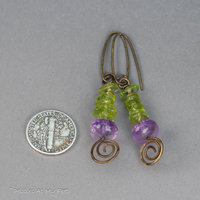 Peridot and Amethyst Gemstone Earrings Handmade in Brass