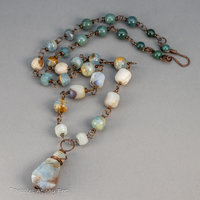 Natural Aquamarine Pendant Necklace, Multi Stone Handmade Station Chain