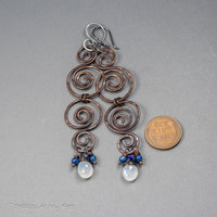 Copper Spiral Long Dangle Earrings with Moonstone and Kyanite