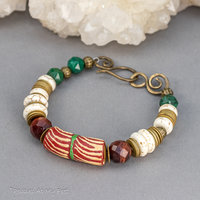 African Krobo Bead and Natural Stone Bracelet in Holiday Colors