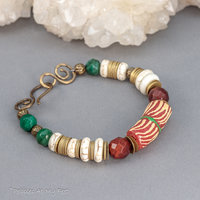 African Krobo Bead and Natural Stone Bracelet in Holiday Colors