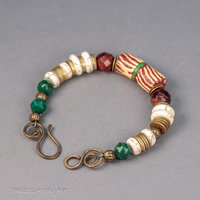African Krobo Bead and Natural Stone Bracelet in Holiday Colors
