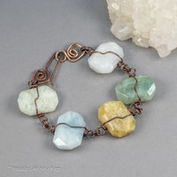 Copper Wire Wrapped Link Bracelet with Multi Color Aquamarine