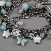Gemstone Charm Bracelet in Oxidized Sterling Silver, Amazonite and Mother of Pearl Stars