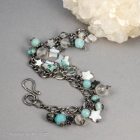 Gemstone Charm Bracelet in Oxidized Sterling Silver, Amazonite and Mother of Pearl Stars
