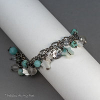 Gemstone Charm Bracelet in Oxidized Sterling Silver, Amazonite and Mother of Pearl Stars