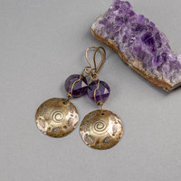 Brass and Amethyst Dangle Earrings with Hand Stamped Autumn Design