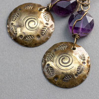 Brass and Amethyst Dangle Earrings with Hand Stamped Autumn Design