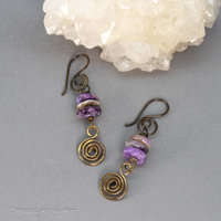 Brass Spiral Dangle Earrings With Purple Charoite Stones