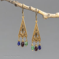 Brass Vintage Style Dangle Earrings with Multi-color Gemstones