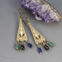 Brass Vintage Style Dangle Earrings with Multi-color Gemstones
