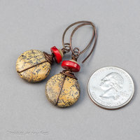 Brown Jasper Earrings in Copper, Red Coral and Brown Stone Circle Earrings, Earthy Natural Stone Jewelry