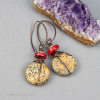 Brown Jasper Earrings in Copper, Red Coral and Brown Stone Circle Earrings, Earthy Natural Stone Jewelry